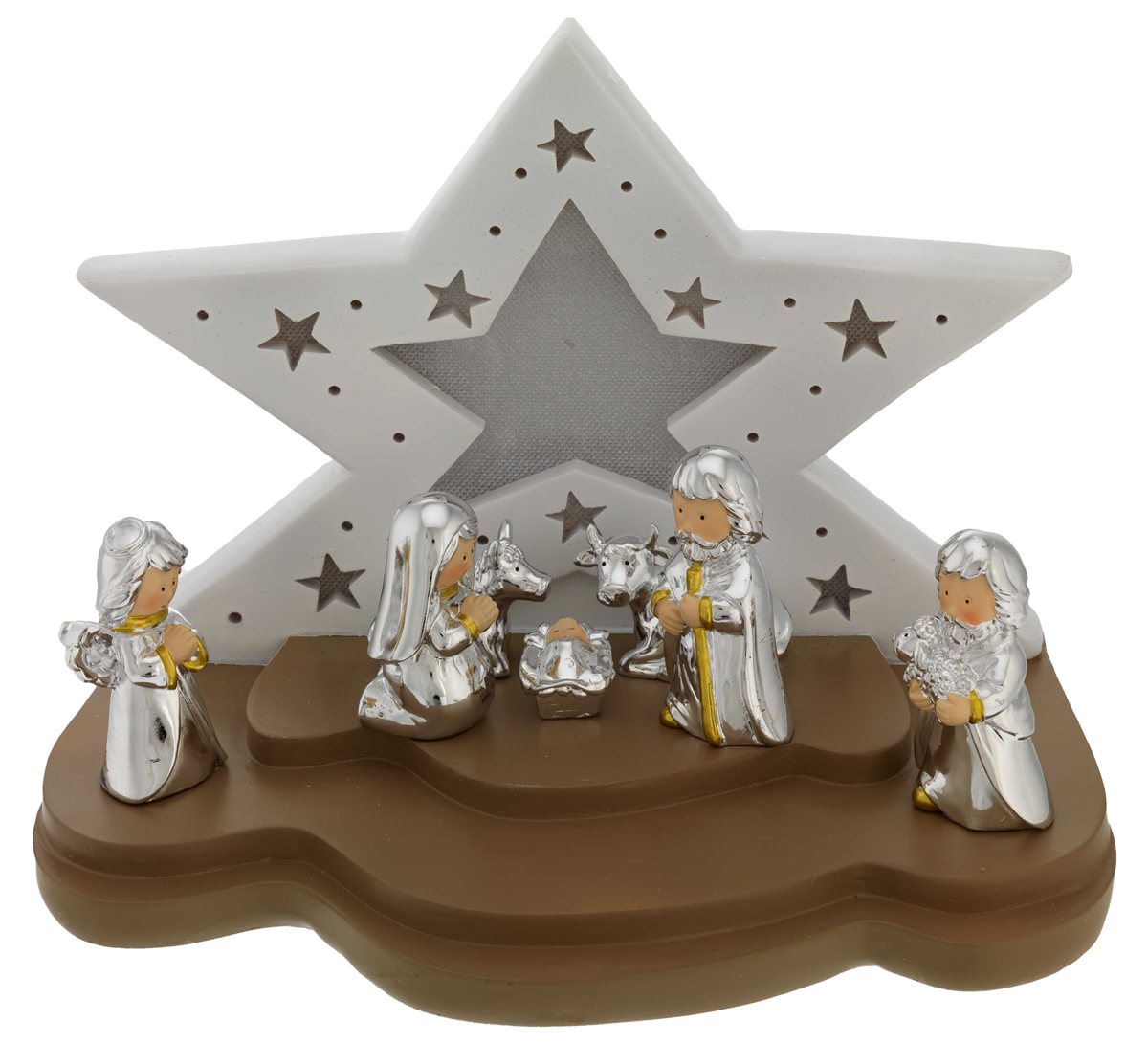 Capanna con led stella grande bianco e tortora + presepe europeo 7 pzi